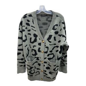 Zesica Open Button Front Gray Leopard Prints Cardigan Sweater Size Medium